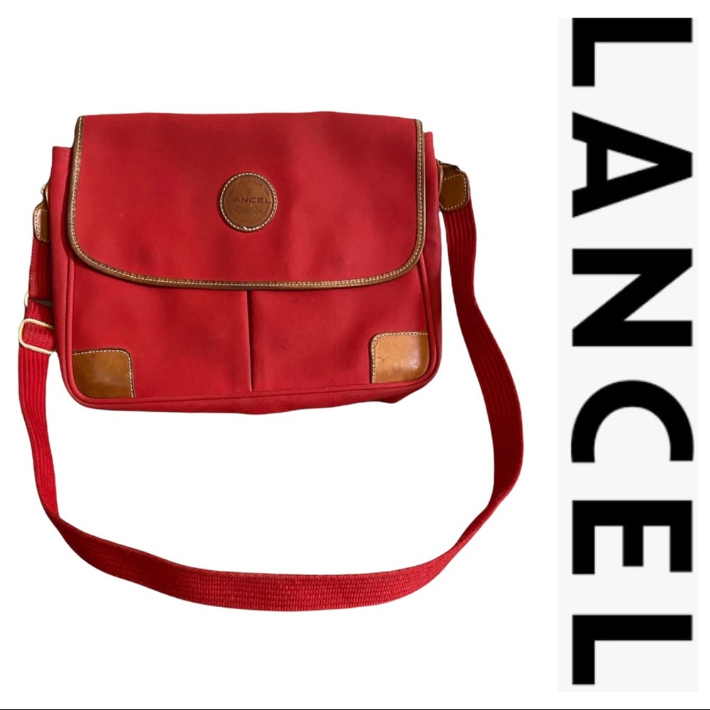 Lancel Red Nylon with Leather Trim Travel Handbag